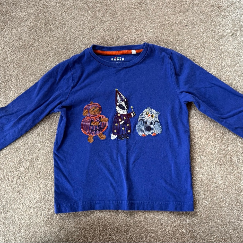 Mini Boden Royal Blue Long Sleeve Tee with Embroidered Characters